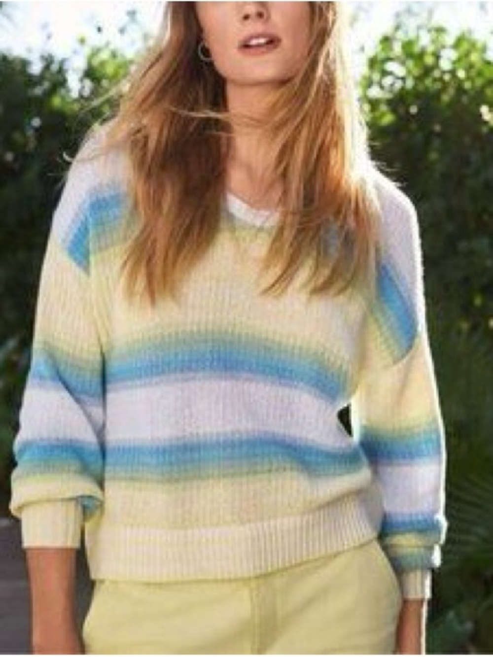 LOFT Scoop-Neck Pastel Striped Sweater in Blue, Yellow & Cream small